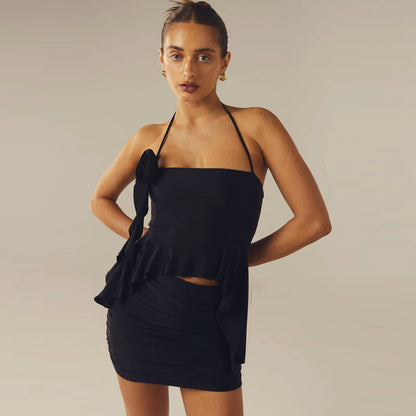 Women Fashion Sexy Solid Color Halter Neck Floral Camisole and Pleated Skirt Set
