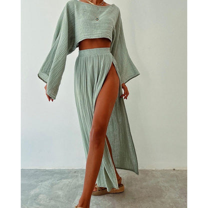 Women Casual Solid Cotton Linen Long Sleeve Crop Top and Skirt Set