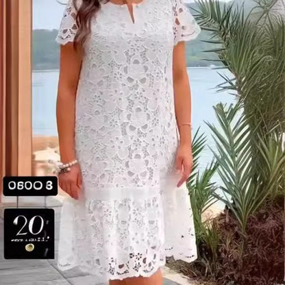 Robe élégante à manches courtes en dentelle de couleur unie