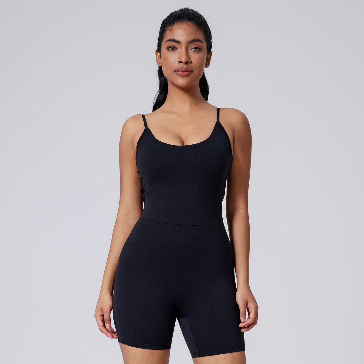 Women Solid Color Sleeveless Yoga Romper Nylon Slim-Fit Sports Jumpsuit