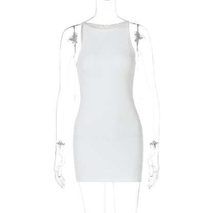 Vestido corto informal de verano para mujer, sin mangas, de color liso y cuello redondo