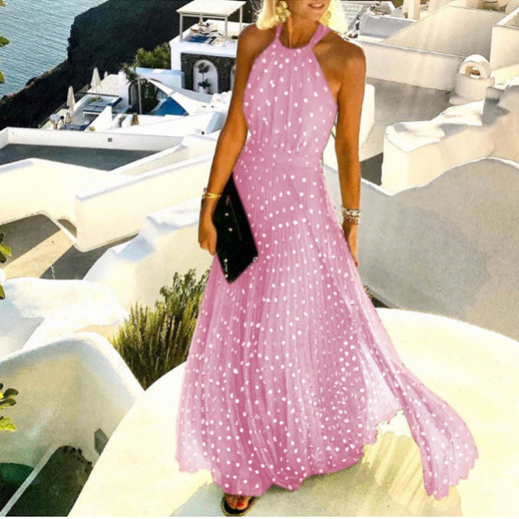 Women Fashion Casual Boho Polka Dot Printing Sleeveless Maxi Dress