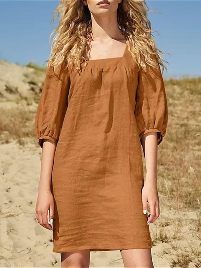 Women Fashion Casual Square Collar Puff Sleeve Dress