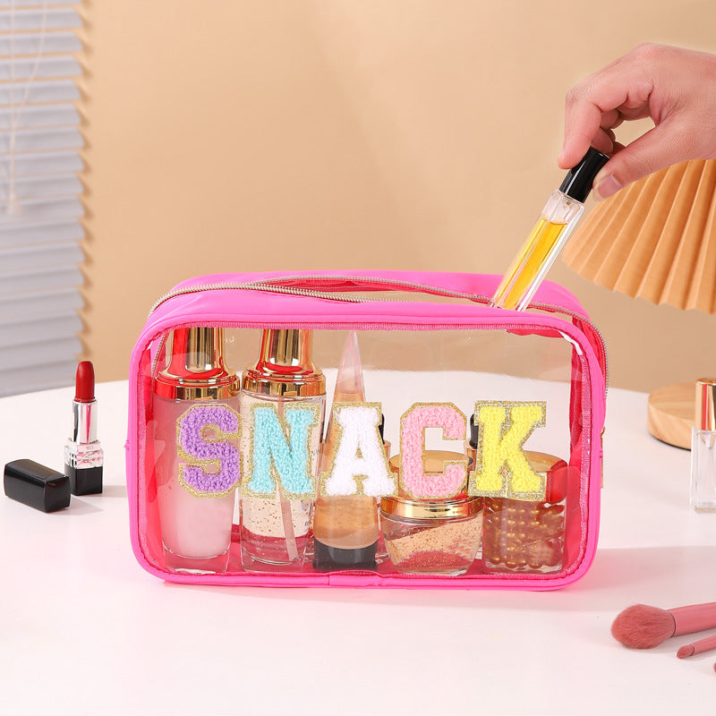 Bolsa de cosméticos impermeable de PVC transparente con letras bordadas