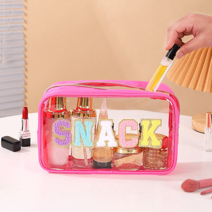 Bolsa de cosméticos impermeable de PVC transparente con letras bordadas