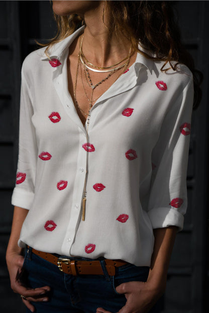 Women Casual Lips Love Print Long Sleeve Blouse
