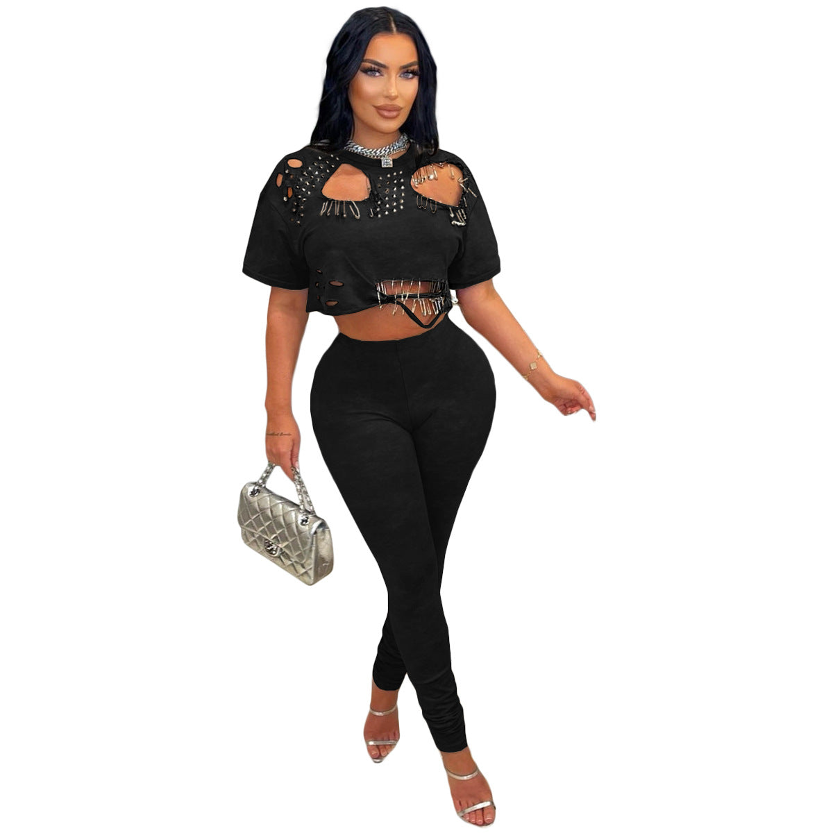 Women Fashion Creative Solid Color Round Neck T-Shirt Set