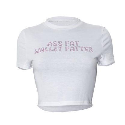 Sexy Women's Short-Sleeved Rhinestone Crop T-Shirt