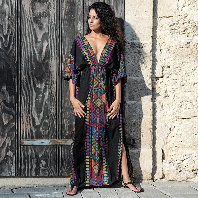 Vestido playero bohemio informal con escote en V profundo para mujer
