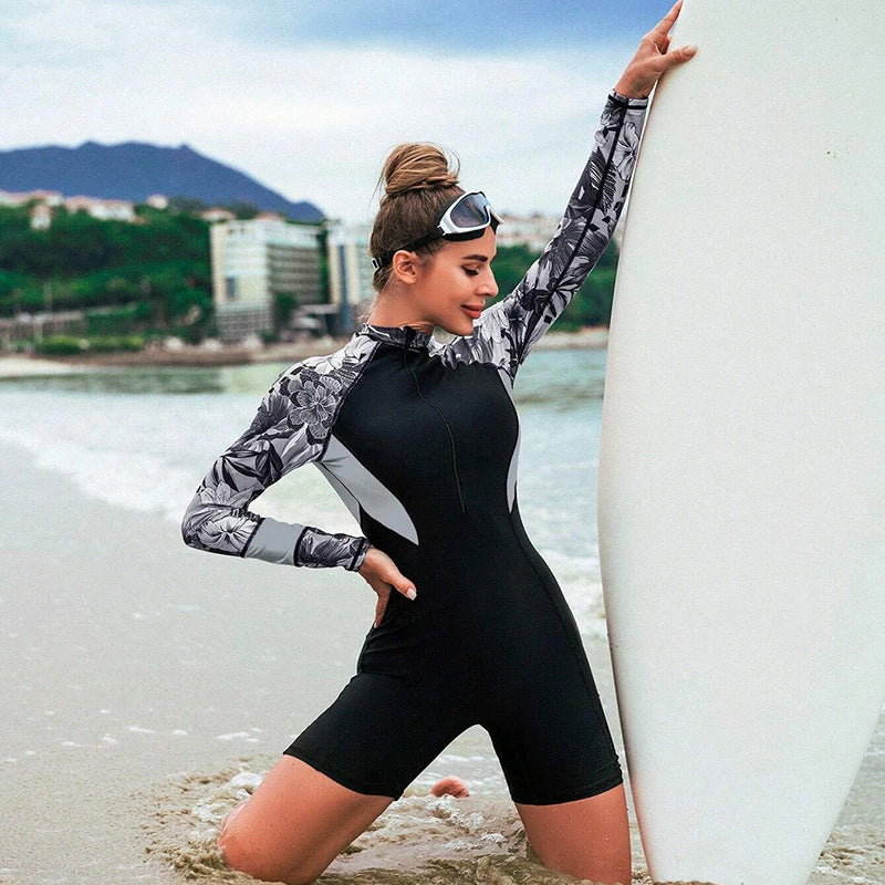Maillot de bain une pièce à manches longues et fermeture éclair pour femme, imprimé floral, tendance