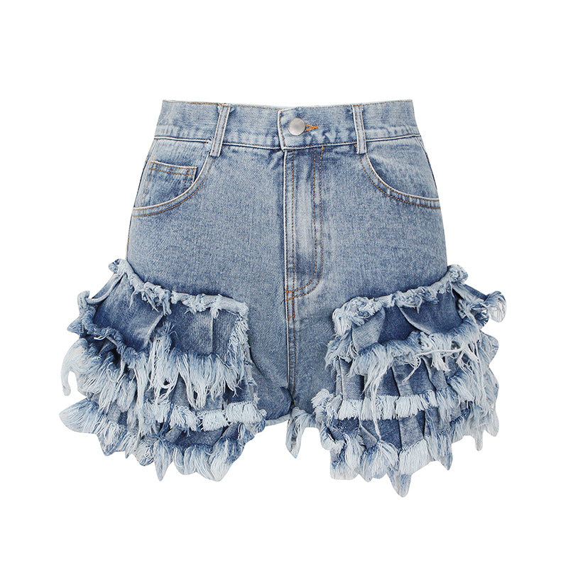 Women Fashion Wood-Ear Stitching High Waist Denim Shorts