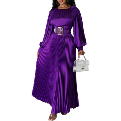 Vestido largo plisado de color liso con cuello redondo para mujer