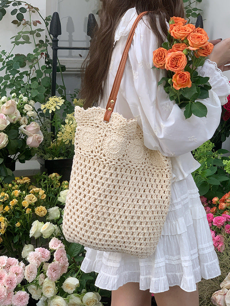 Sac tissé creux au crochet pour femme avec motif floral