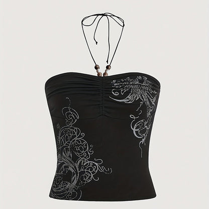 Women Dark Gothic Pattern Printed Halter Neck Camis