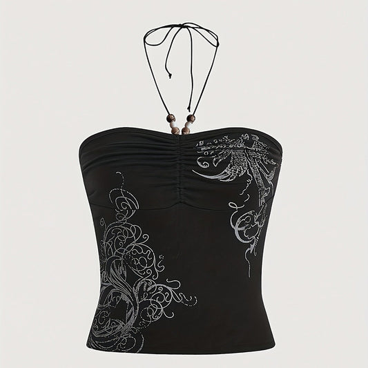 Women Dark Gothic Pattern Printed Halter Neck Camis