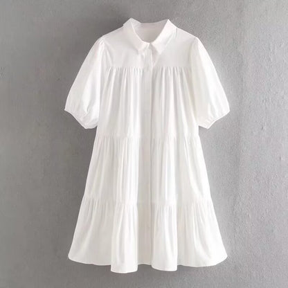 Women Casual Solid Color Lapel Short Sleeve Dress