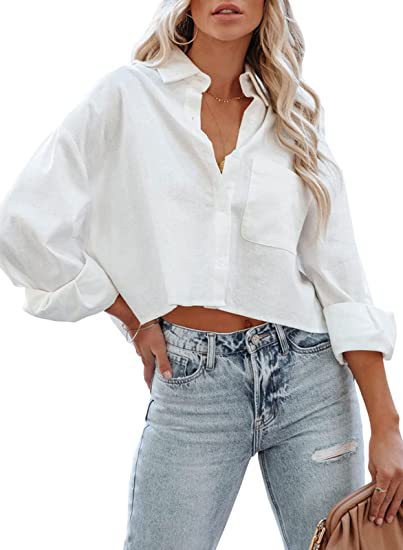Blusa corta informal de algodón de manga larga de color liso para mujer
