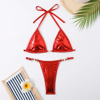 Bikini sexy de color sólido con cuello halter y cordones para mujer