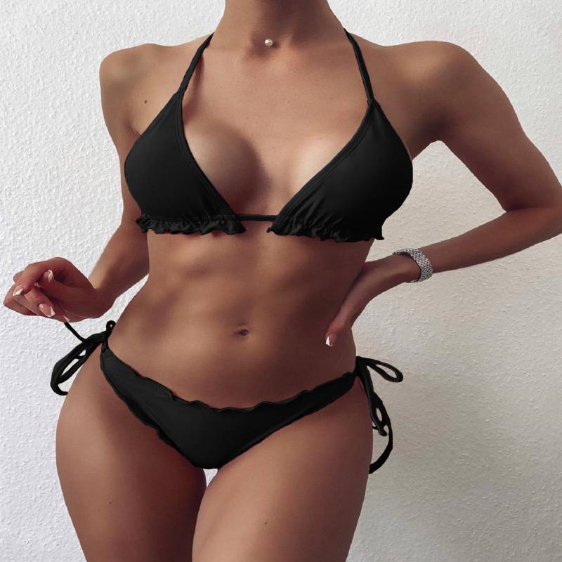 Traje de baño de bikini estilo halter con volantes de color liso para mujer