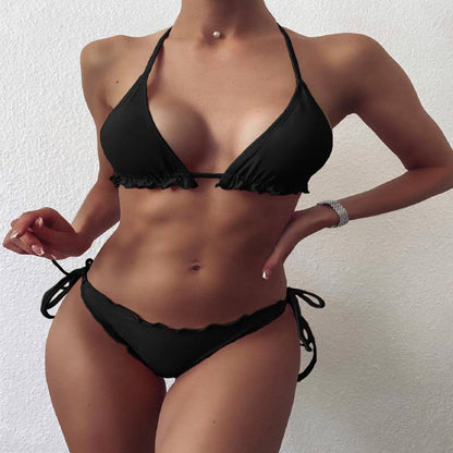 Traje de baño de bikini estilo halter con volantes de color liso para mujer