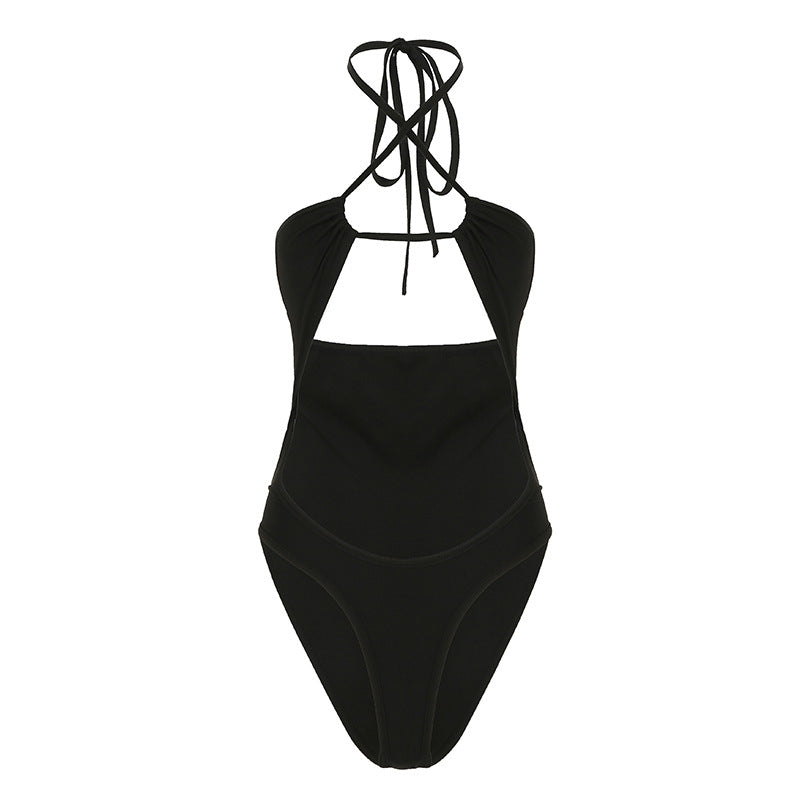 Traje de baño sexy de una pieza con cuello halter y cordones en color sólido