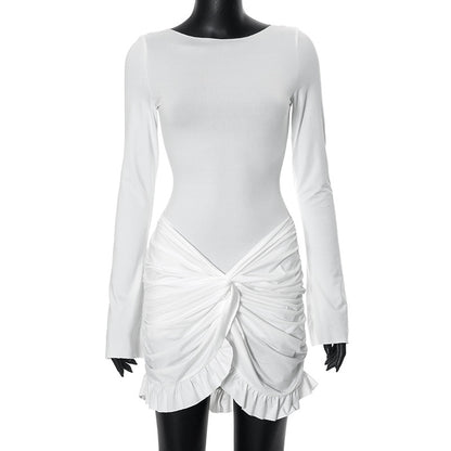 Robe courte plissée à manches longues et col rond pour femme, couleur unie, tendance été