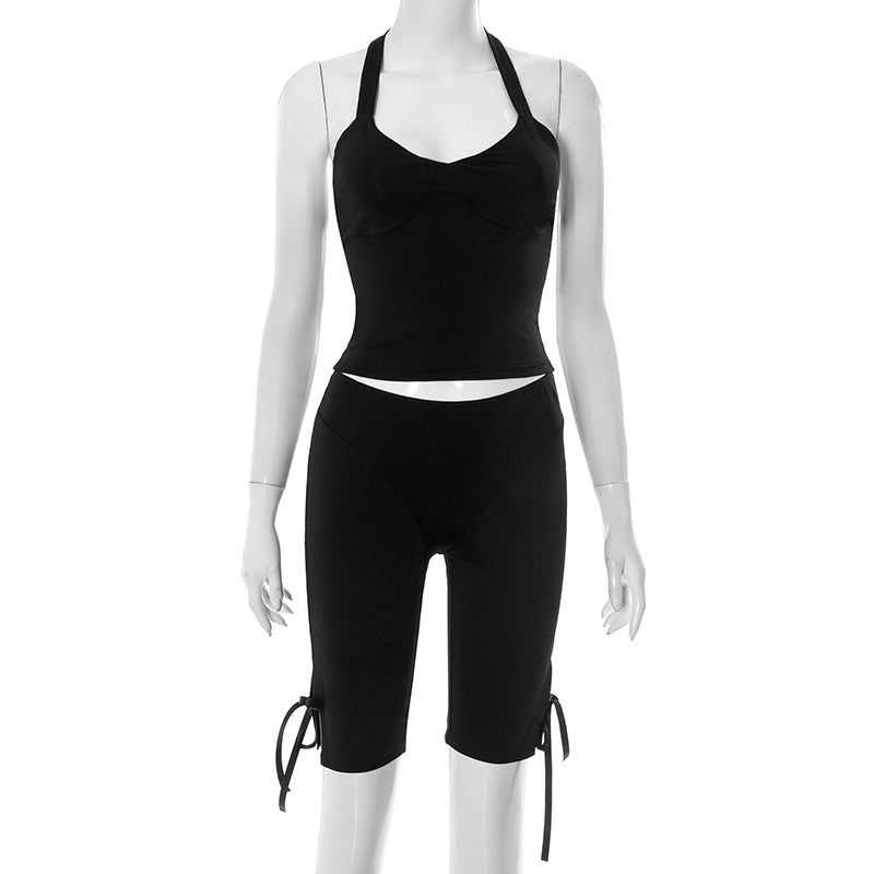 Women Solid Color Halter-Neck Backless Two-Piece Set with Bowknot Shorts
