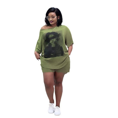 Women Fashion Casual Plus Size Printed Short-Sleeve T-Shirt and Loose Shorts Two-Piece Set