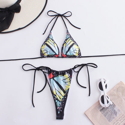 Bikini sexy con cuello halter y estampado de mariposas para mujer
