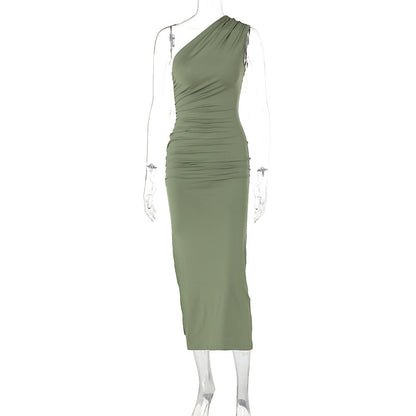 Women Fashion Sexy Solid Color Slant Shoulder Dress