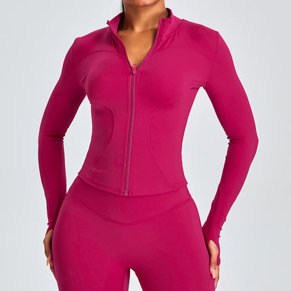 Veste de sport décontractée à manches longues et fermeture éclair pour femme, couleur unie, idéale pour le yoga