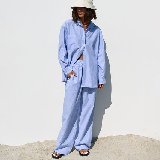 Women Casual Stripe Long Sleeve Blouse and Pants Set