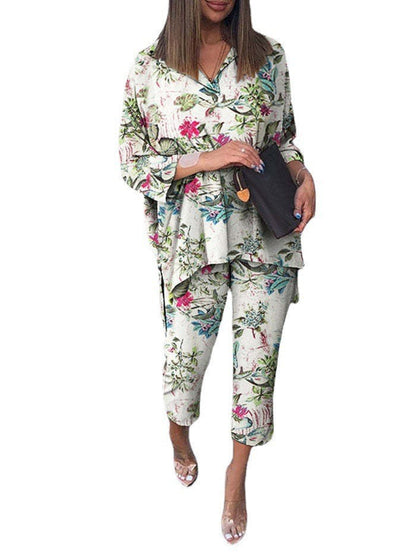 Plus Size Women Cotton Linen Print Two Pieces Set