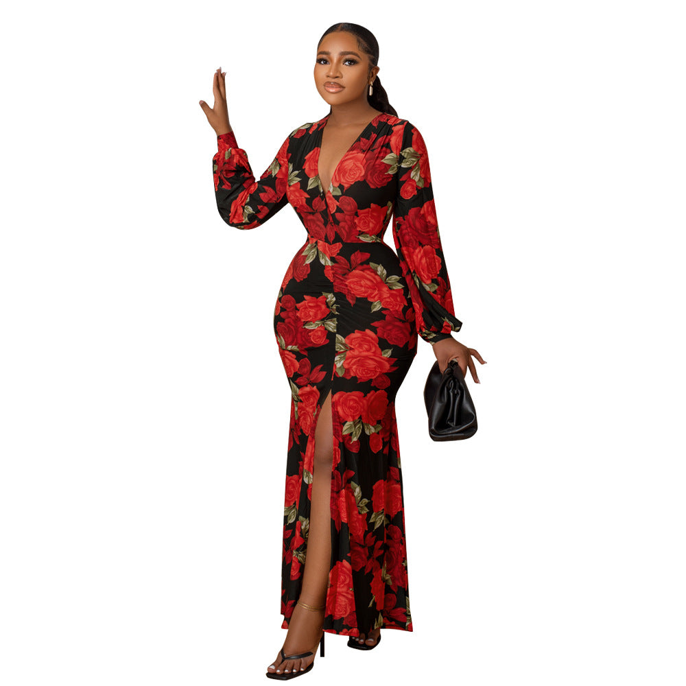 Vestido largo sexy con estampado floral en V profundo para mujer