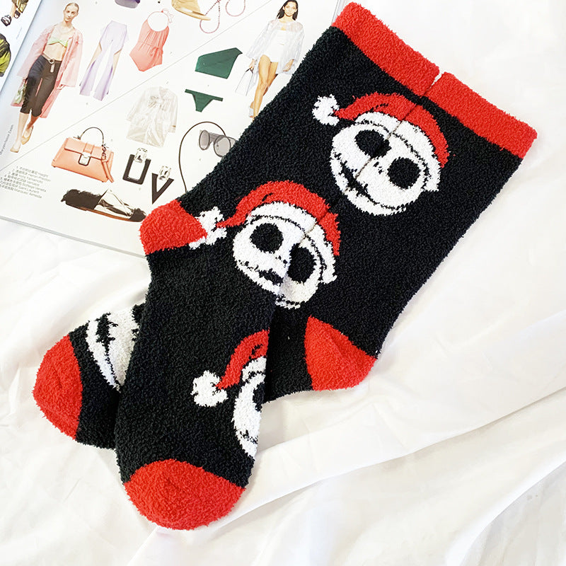 Calcetines de polar coral cálidos con dibujos animados de Halloween y Navidad con personalidad de moda