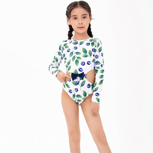 Girl Fashion Blueberries Printed Long-Sleeve Swimwear