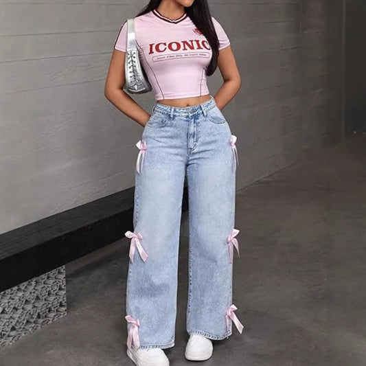 Women Fashion Bowknot Decoration Straight Wide-Leg Jeans