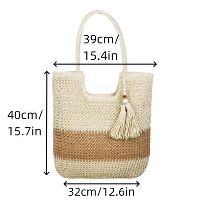 Women Casual Contrast Color Straw Woven Tote Bag