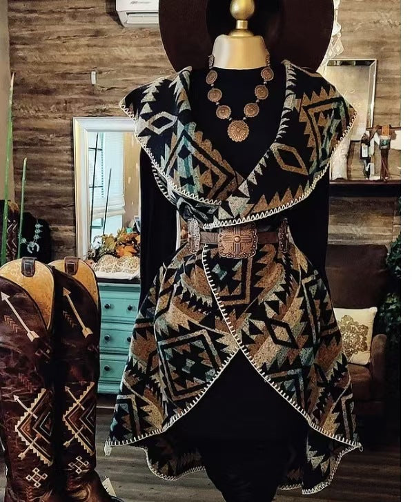Abrigo de lana de imitación con diseño geométrico occidental retro de moda para mujer