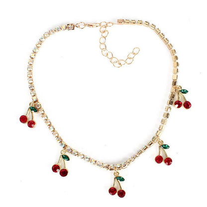 Collar de cadena con diamantes de imitación y cerezas pequeñas rojas a la moda para mujer