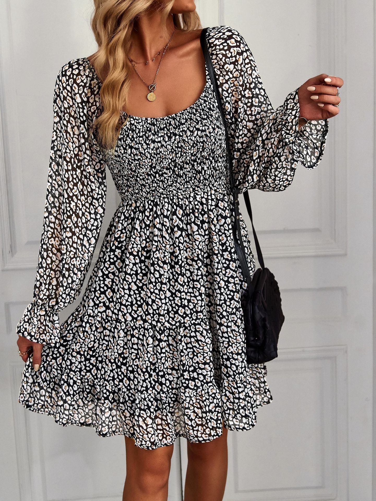 Women's Fashion Boho Style Floral Printing U-Neck Ruffled Dress