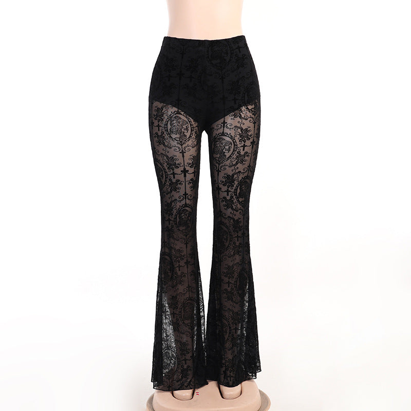 Women Fashion Gothic Lace Splicing High Waist Pants