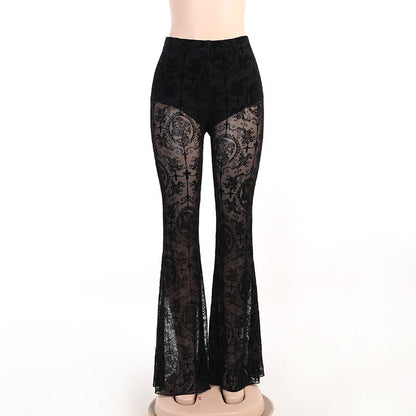 Women Fashion Gothic Lace Splicing High Waist Pants