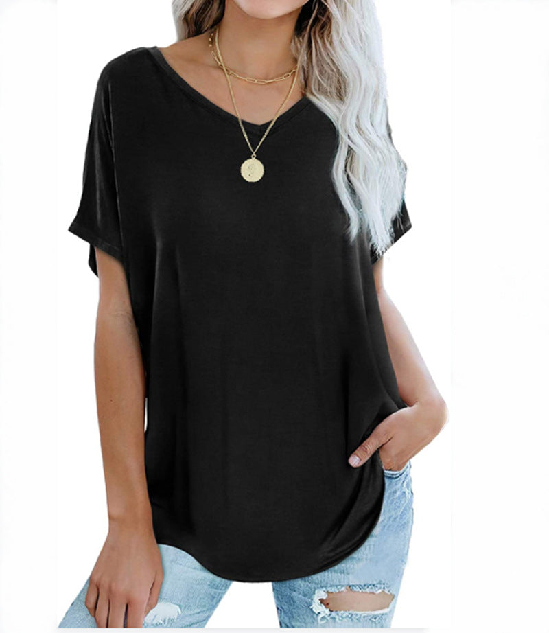 Camiseta informal holgada de verano para mujer, con cuello en V y manga corta