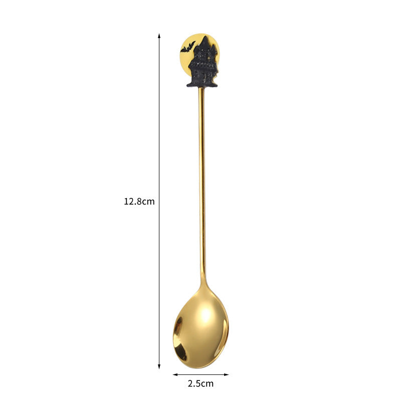 Tenedor y cuchara de acero inoxidable para postres y frutas con dibujos animados de Halloween.