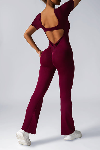 Women Fashion Casual Solid Color Seamless Short-Sleeve Backless Yoga Jumpsuits