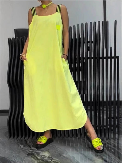Vestido informal de algodón y lino de color liso para mujer