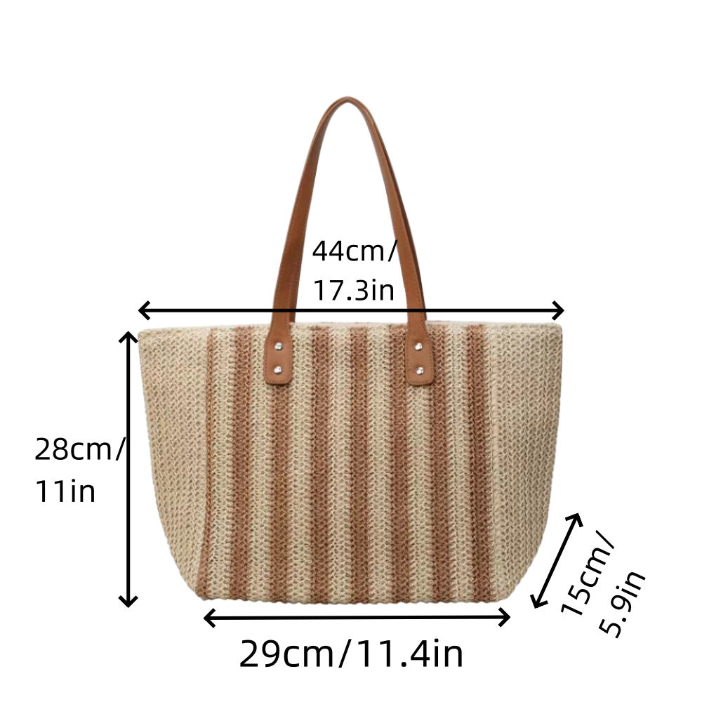 Women Casual Contrast Color Straw Woven Beach Tote Bag