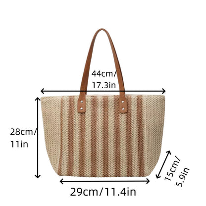 Women Casual Contrast Color Straw Woven Beach Tote Bag
