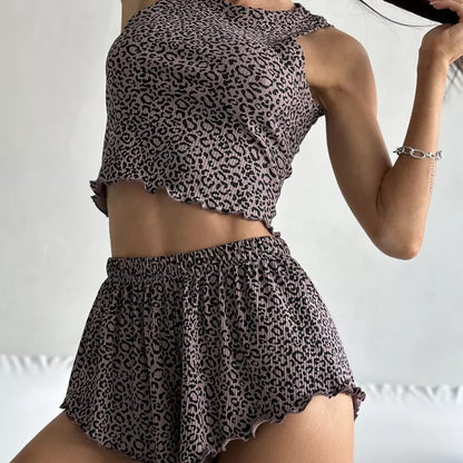 Women Stylish Printed Edge Curl Tank Top and Loose Shorts Pajama Set